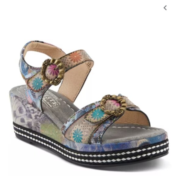 L'artiste Spring Step Flavour Leather Wedge Sandal Gray Floral Size 39/8.5 - Picture 1 of 7